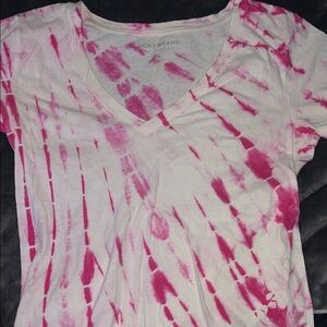 Lucky Brand White and Pink Tie-Dye V-Neck Short Sleeve Tee